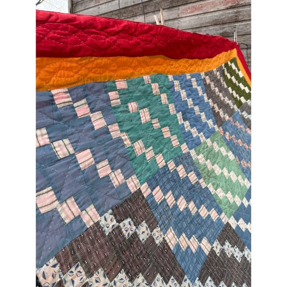 Vintage 1930s Fabric Postage Stamp Quilt 77.5x78" Rustic - Picture 15 of 16